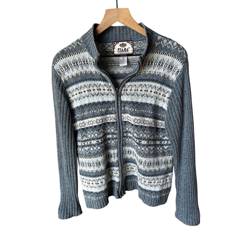 Tiara International Vintage Fair Isle Nordic Full Zip Knit Cardigan Sweater M